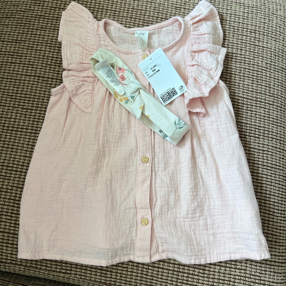 H&M Pink Ruffled Blouse with Flutter Sleeves & Headband
